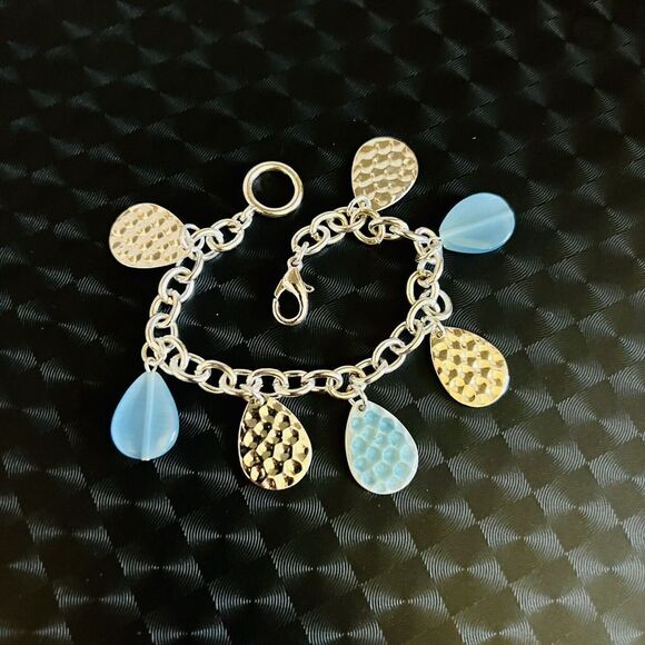Blue Silver Tone Charm Dangle Drop Bracelet Spring Summer 7” 1477 - Picture 8 of 11